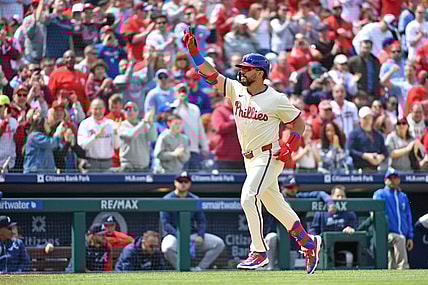Mar 31, 2024; Philadelphia, Pennsylvania, USA; Philadelphia Phillies designated hitter Kyle Schwarber (12) celebrates his home run during the first inning against the Atlanta Braves at Citizens Bank Park. Mandatory Credit: Eric Hartline-USA TODAY Sports