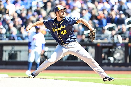 Mar 31, 2024; New York City, New York, USA;  Milwaukee Brewers starting pitcher Colin Rea (48) pitches in the first inning against the New York Mets at Citi Field. Mandatory Credit: Wendell Cruz-USA TODAY Sports