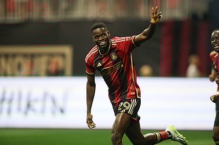 Mar 31, 2024; Atlanta, Georgia, USA; Atlanta United forward Jamal Thiare (29) celebrates after a goal was scored in the second half of the match against Chicago Fire FC at Mercedes-Benz Stadium. Mandatory Credit: Brett Davis-USA TODAY Sports