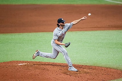 Apr 30, 2021; St. Petersburg, Florida, USA; Houston Astros relief pitcher Kent Emanuel (0) delivers a pitch during the eighth inning of a game against the Tampa Bay Rays at Tropicana Field. Mandatory Credit: Mary Holt-USA TODAY Sports