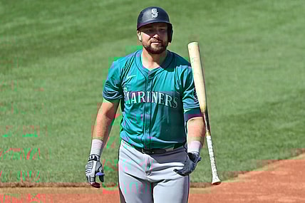 Mar 8, 2024; Mesa, Arizona, USA;  Seattle Mariners catcher Cal Raleigh (29) reacts after striking out in the second inning against the Chicago Cubs during a spring training game at Sloan Park. Mandatory Credit: Matt Kartozian-USA TODAY Sports