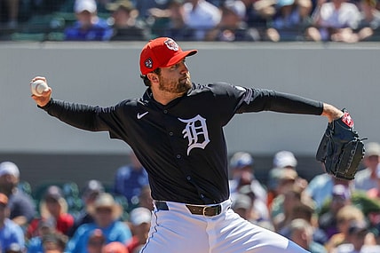 Mar 14, 2024; Lakeland, Florida, USA; Detroit Tigers starting pitcher Casey Mize (12) pitches during the first inning against the New York Yankees at Publix Field at Joker Marchant Stadium. Mandatory Credit: Mike Watters-USA TODAY Sports