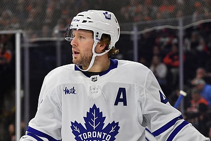 Mar 19, 2024; Philadelphia, Pennsylvania, USA; Toronto Maple Leafs defenseman Morgan Rielly (44) against the Philadelphia Flyers at Wells Fargo Center. Mandatory Credit: Eric Hartline-USA TODAY Sports
