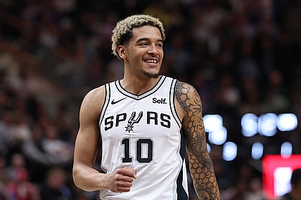 Mar 27, 2024; Salt Lake City, Utah, USA; San Antonio Spurs forward Jeremy Sochan (10) reacts to a play against the Utah Jazz during the first quarter at Delta Center. Mandatory Credit: Rob Gray-USA TODAY Sports