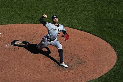 Mar 28, 2024; Kansas City, Missouri, USA; Minnesota Twins starting pitcher Pablo Lopez (49) pitches during the third inning against the Kansas City Royals at Kauffman Stadium. Mandatory Credit: Jay Biggerstaff-USA TODAY Sports