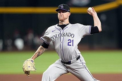 Mar 28, 2024; Phoenix, Arizona, USA; Colorado Rockies starting pitcher Kyle Freeland (21) pitches against the Arizona Diamondbacks during the first inning at Chase Field. Mandatory Credit: Joe Camporeale-USA TODAY Sports