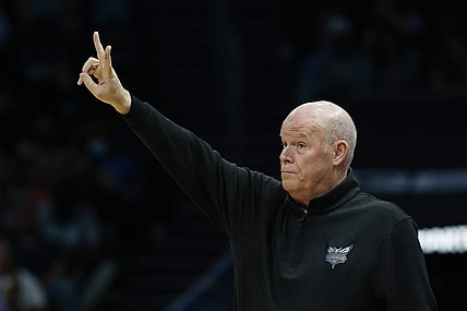 Mar 29, 2024; Charlotte, North Carolina, USA; Charlotte Hornets head coach Steve Clifford calls a play against the Golden State Warriors during the first quarter at Spectrum Center. Mandatory Credit: Nell Redmond-USA TODAY Sports