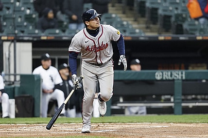 Apr 1, 2024; Chicago, Illinois, USA; Atlanta Braves third baseman Austin Riley (27) watches his three-run home run against the Chicago White Sox during the eight inning at Guaranteed Rate Field. Mandatory Credit: Kamil Krzaczynski-USA TODAY Sports