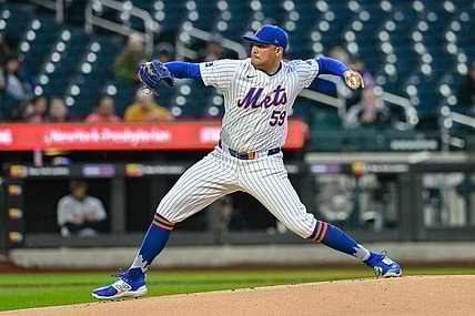 Apr 1, 2024; New York City, New York, USA; New York Mets pitcher Sean Manaea (59) pitches during the first inning against the Detroit Tigers at Citi Field. Mandatory Credit: John Jones-USA TODAY Sports