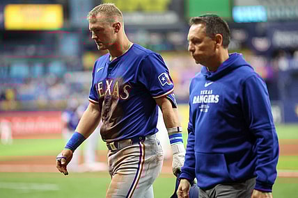 Apr 1, 2024; St. Petersburg, Florida, USA;  Texas Rangers third baseman Josh Jung (6) leaves the game against the Tampa Bay Rays in the ninth inning at Tropicana Field. Mandatory Credit: Nathan Ray Seebeck-USA TODAY Sports