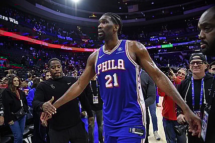 Apr 2, 2024; Philadelphia, Pennsylvania, USA; Philadelphia 76ers center Joel Embiid (21) walks off the court after win against the Oklahoma City Thunder at Wells Fargo Center. Mandatory Credit: Eric Hartline-USA TODAY Sports