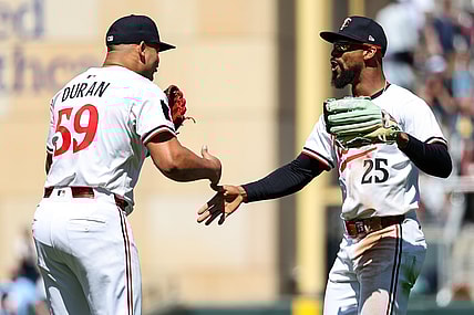 Minnesota Twins players Byron Buxton and Jhoan Duran
