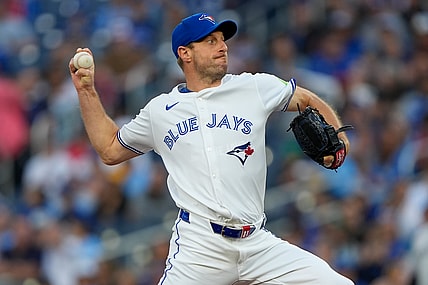 Toronto Blue Jays starting pitcher Max Scherzer throws a pitch against the Minnesota Twins