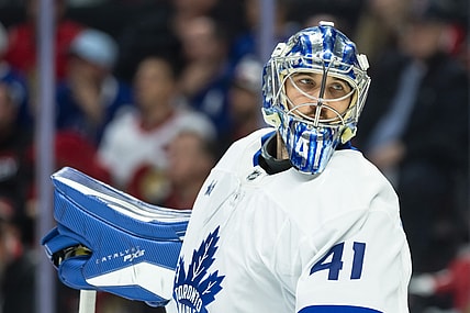 NHL: Anthony Stolarz looks on from the Toronto net, Stanley Cup Playoffs-Toronto Maple Leafs at Ottawa Senators