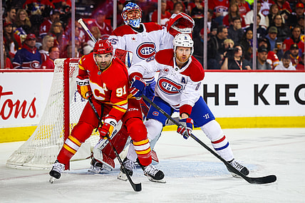 NHL: Montreal Canadiens at Calgary Flames, nazem kadri mike matheson jakub dobes