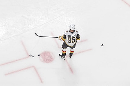 COLUMBUS, OH - MARCH 13: Vegas Golden Knights right wing Victor Olofsson (95) is on the ice before the game between the Vegas Golden Knights and the Columbus Blue Jackets on March 13th, 2025 at Nationwide Arena in Columbus, OH. (Photo by Michael Brown/Icon Sportswire)