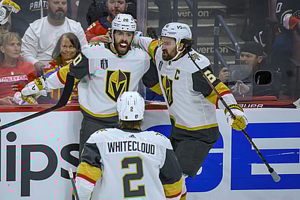 SUNRISE, FL - JUNE 10: Vegas Golden Knights center Chandler Stephenson (20) celebrates scoring a goal with Vegas Golden Knights right wing Mark Stone (61) and Vegas Golden Knights defenseman Zach Whitecloud (2)during Game Four of the NHL Stanley Cup Final between the Vegas Golden Knights and the Florida Panthers on June 10, 2023 at the FLA Live Arena in Sunrise, Florida. (Photo by Doug Murray/Icon Sportswire)