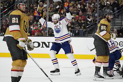 Vegas Golden Knights, Leon Draisaitl celebrates for Edmonton Oilers, Stanley Cup Playoffs