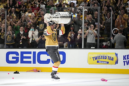 Vegas Golden Knights right wing Reilly Smith skates with the Stanley Cup after the Knights defeated the Florida Panthers 9-3 in Game 5 of the NHL hockey Stanley Cup Finals Tuesday, June 13, 2023, in Las Vegas. The Knights won the series 4-1. (AP Photo/John Locher)