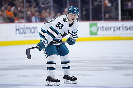 San Jose Sharks' Calen Addison plays during an NHL hockey game, Tuesday, March 12, 2024, in Philadelphia. (AP Photo/Matt Slocum)