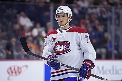 Montreal Canadiens' Jake Evans plays during an NHL hockey game, Sunday, Oct. 27, 2024, in Philadelphia. (AP Photo/Matt Slocum)