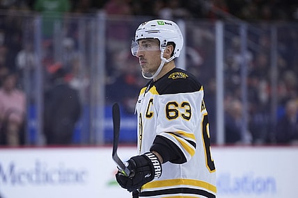 Boston Bruins' Brad Marchand plays during an NHL hockey game, Saturday, Nov. 2, 2024, in Philadelphia. (AP Photo/Matt Slocum)