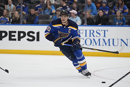 St. Louis Blues' Brayden Schenn in action during the third period of an NHL hockey game against the New Jersey Devils Tuesday, Dec. 17, 2024, in St. Louis. (AP Photo/Jeff Roberson)