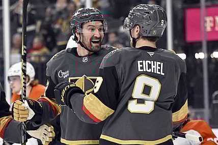 Vegas Golden Knights right wing Mark Stone, left, celebrates with center Jack Eichel (9) after scoring against the Philadelphia Flyers during the second period of an NHL hockey game Thursday, Jan. 2, 2025, in Las Vegas. (AP Photo/David Becker)