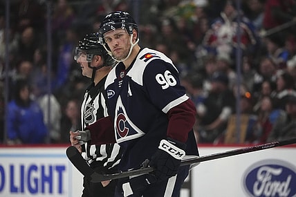 Colorado Avalanche right wing Mikko Rantanen (96) in the second period of an NHL hockey game Monday, Jan. 20, 2025, in Denver. (AP Photo/David Zalubowski)