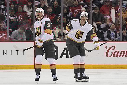 Vegas Golden Knights' Jack Eichel, left, celebrates his goal with Noah Hanifin during the third period of an NHL hockey game against the New Jersey Devils in Newark, N.J., Thursday, Feb. 6, 2025. (AP Photo/Seth Wenig)