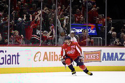Washington Capitals left wing Alex Ovechkin celebrates after his goal during the second period of an NHL hockey game against the Edmonton Oilers, Sunday, Feb. 23, 2025, in Washington. (AP Photo/Nick Wass)