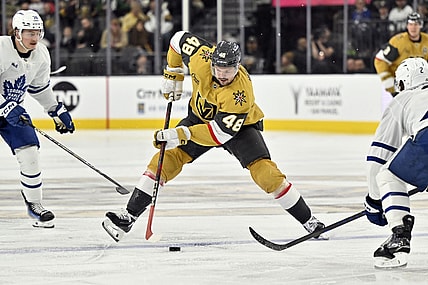 Vegas Golden Knights center Tomas Hertl (48) handles the puck against the Toronto Maple Leafs during the second period of an NHL hockey game Wednesday, March 5, 2025, in Las Vegas. (AP Photo/David Becker)