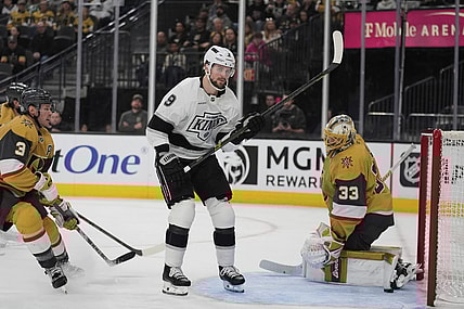 Los Angeles Kings right wing Adrian Kempe (9) scores against Vegas Golden Knights goaltender Adin Hill (33) during the third period of an NHL hockey game Sunday, March 9, 2025, in Las Vegas. (AP Photo/John Locher)