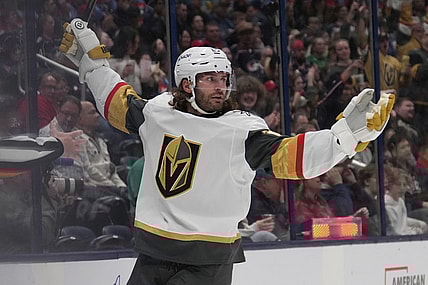 Vegas Golden Knights left wing Brandon Saad (20) celebrates his goal in the first period of an NHL hockey game against the Columbus Blue Jackets, Thursday, March 13, 2025, in Columbus, Ohio. (AP Photo/Sue Ogrocki)