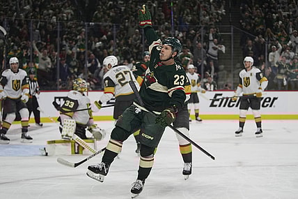 Minnesota Wild center Marco Rossi (23) celebrates after scoring during the first period of Game 3 of a first-round NHL hockey playoff series against the Vegas Golden Knights, Thursday, April 24, 2025, in St. Paul, Minn. (AP Photo/Abbie Parr)