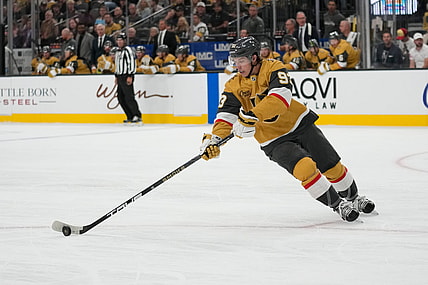 Vegas Golden Knights right wing Mitch Marner (93) plays against the Los Angeles Kings during an NHL hockey game Wednesday, Oct. 8, 2025, in Las Vegas. (AP Photo/John Locher)
