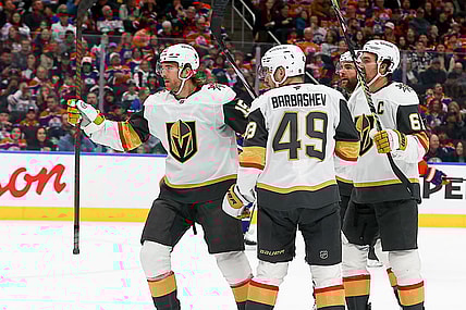 EDMONTON, AB - DECEMBER 14: Las Vegas Golden Knights Center Ivan Barbashev (49) celebrates his goal in the second period of the Edmonton Oilers game versus the Las Vegas Golden Knights on December 14, 2024 at Rogers Place in Edmonton, AB. (Photo by Curtis Comeau/Icon Sportswire)