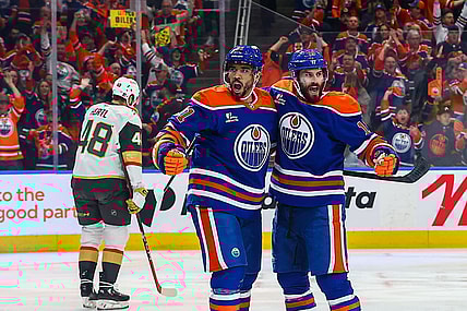 EDMONTON, AB - MAY 12: Edmonton Oilers Center Adam Henrique (19) celebrates his goal in the first period of the Stanley Cup Playoffs Second Round Edmonton Oilers game versus the Las Vegas Golden Knights on May 12, 2025 at Rogers Place in Edmonton, AB. (Photo by Curtis Comeau/Icon Sportswear)