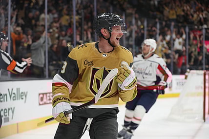 Golden Knights forward Jack Eichel celebrates after scoring a goal (Photo/Screenshot- Vegas Golden Knights via Twitter)