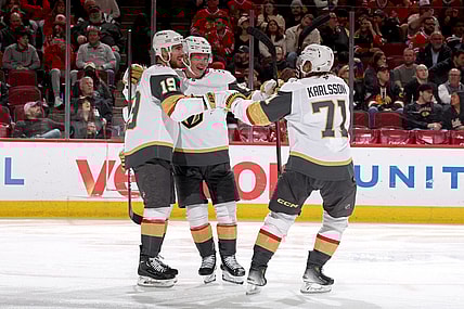 Vegas Golden Knights forward Victor Olofsson celebrates after scoring a goal with Reilly Smith and William Karlsson (Photo/Screenshot- Vegas Golden Knights via Twitter)