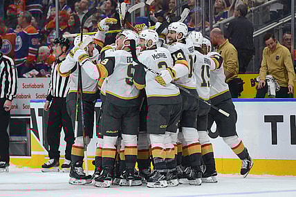 The Vegas Golden Knights celebrate their Game 3 win against the Edmonton Oilers 5/10/2025 (Photo/Screenshot- NHL via Twitter)