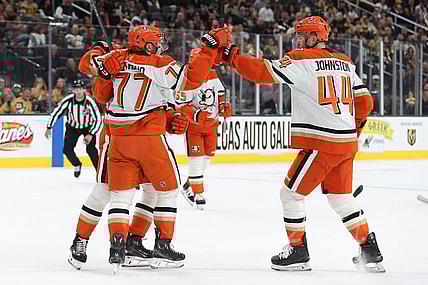 Frank Vatrano celebrates after scoring against the Vegas Golden Knights 11/8/2025 (Photo/Screenshot- Anaheim Ducks via Twitter)