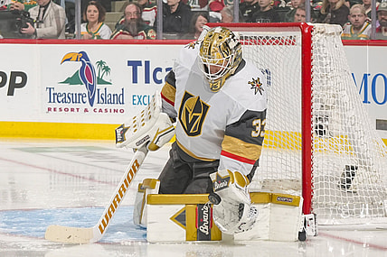Vegas Golden Knights goaltender Adin Hill makes a save 4/26/2025 (Photo/Screenshot- Vegas Golden Knights via Twitter)