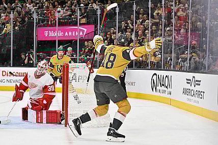 Vegas Golden Knights forward Tomáš Hertl celebrates after scoring against the Detroit Red Wings (Photo/Screenshot- Vegas Golden Knights via Twitter)