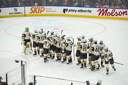 The Vegas Golden Knights congratulate goaltender Adin Hill following their Game 3 win over the Edmonton Oilers 5/10/2025 (Photo/Screenshot- NHL via Twitter)