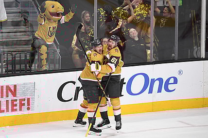 Mark Stone and Jack Eichel celebrate after scoring 12/13/2023 (Photo/Screenshot- Vegas Golden Knights via Twitter)