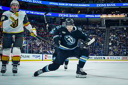 Utah Mammoth forward Dylan Guenther celebrates scoring against the Vegas Golden Knights 11/24/2025 (Photo/Screenshot- Utah Mammoth via Twitter)