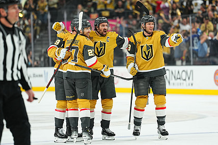 The Vegas Golden Knights celebrate after Mark Stone's goal 4/29/2025 (Photo/Screenshot- Vegas Golden Knights via Twitter)