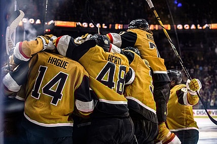 The Vegas Golden Knights celebrate after Brett Howden's overtime winner 4/29/2025 (Photo/Screenshot- Vegas Golden Knights via Twitter)
