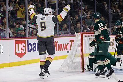 Jack Eichel celebrates after scoring a goal vs the Minnesota Wild (Photo/Screenshot- Vegas Golden Knights via Twitter)